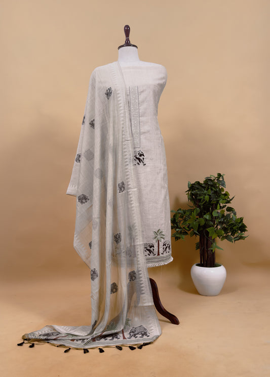 Black Pure Linen Haathi Embroidered Suit With Jamdani Weaving