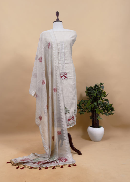 Red Pure Linen Haathi Embroidered Suit With Jamdani Weaving