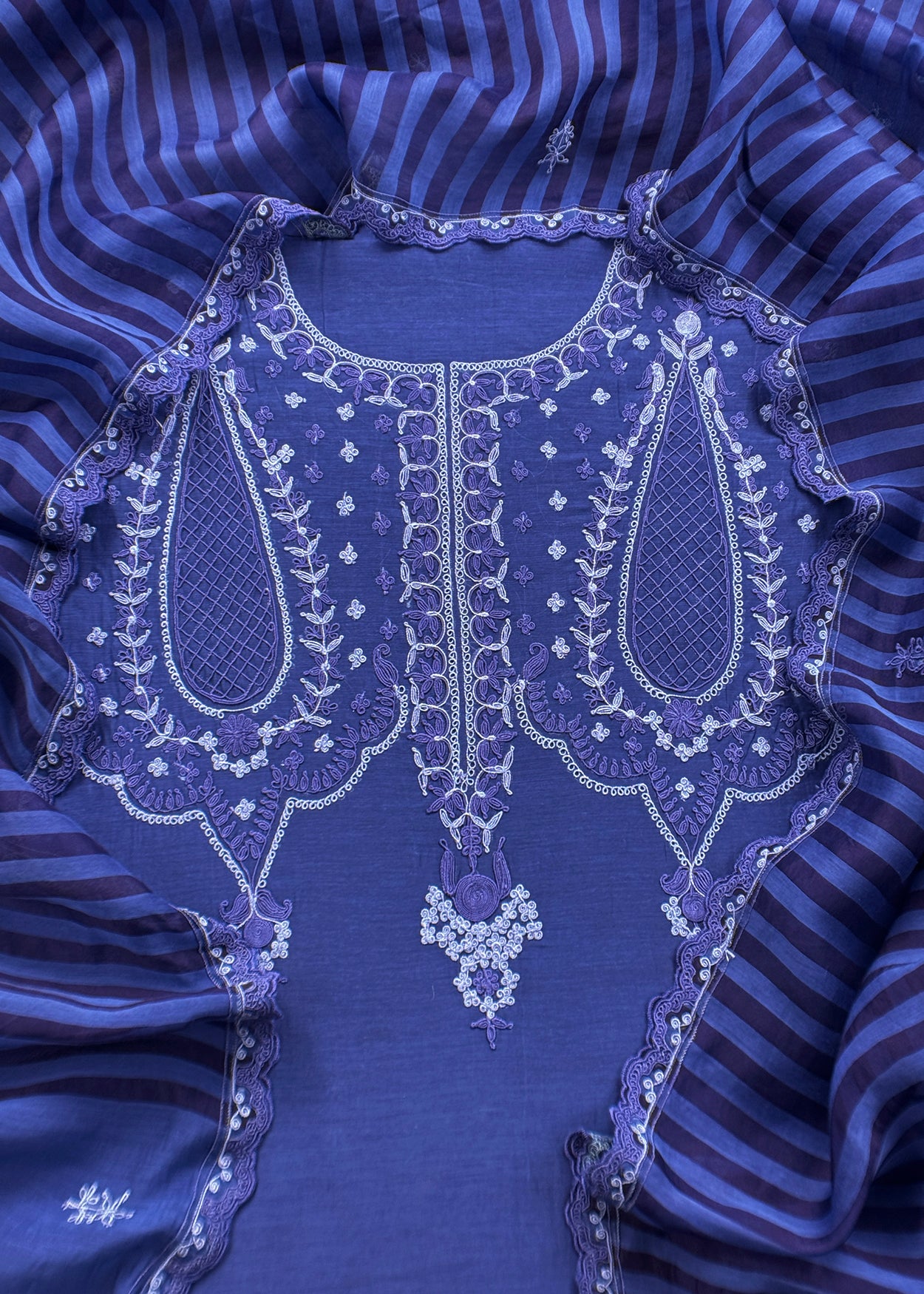 Blue Pure Mul Unstitched Suit With French Thread Embroidery