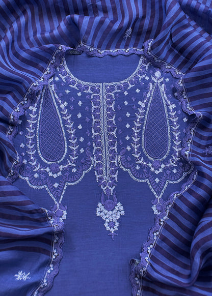 Blue Pure Mul Unstitched Suit With French Thread Embroidery