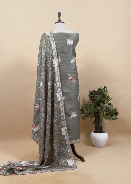 Classic Green Munga Tussar Kurta And Pichwai Dupatta With Pitta Work