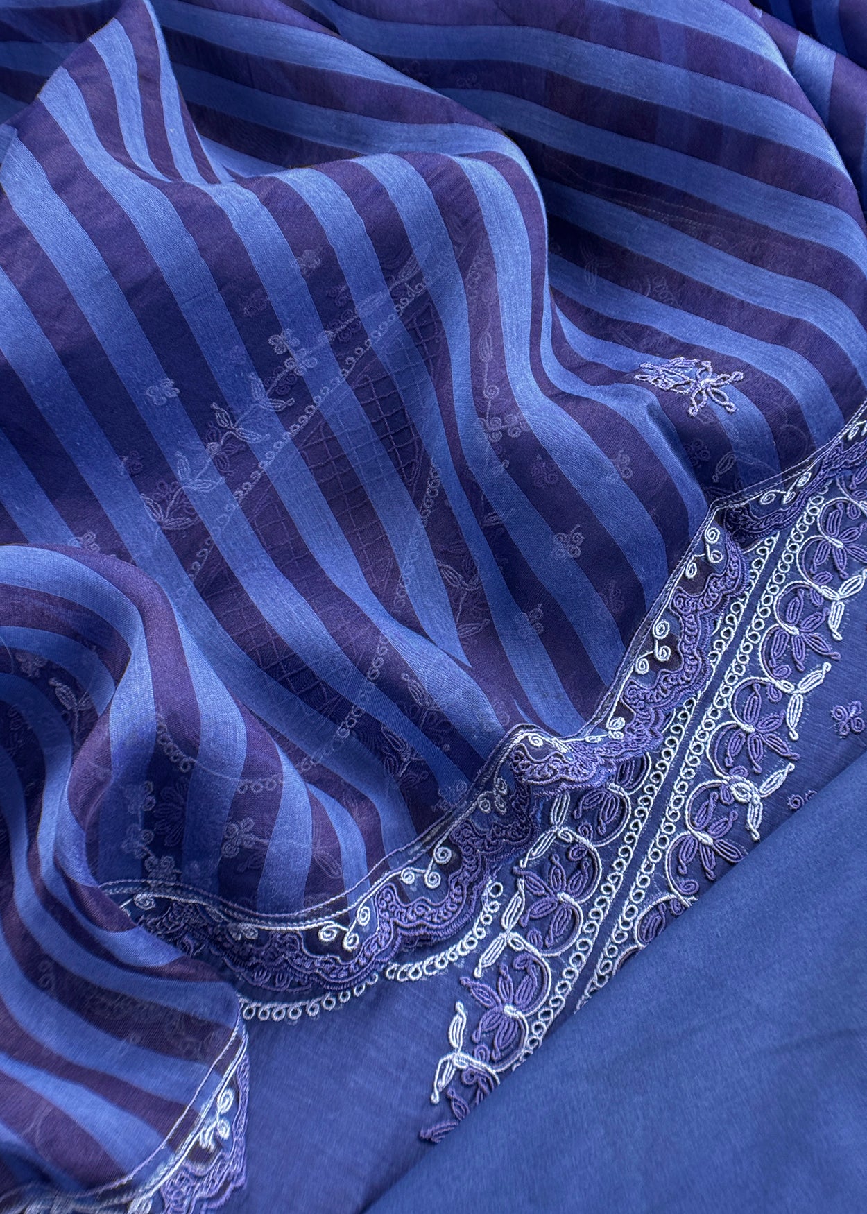 Blue Pure Mul Unstitched Suit With French Thread Embroidery