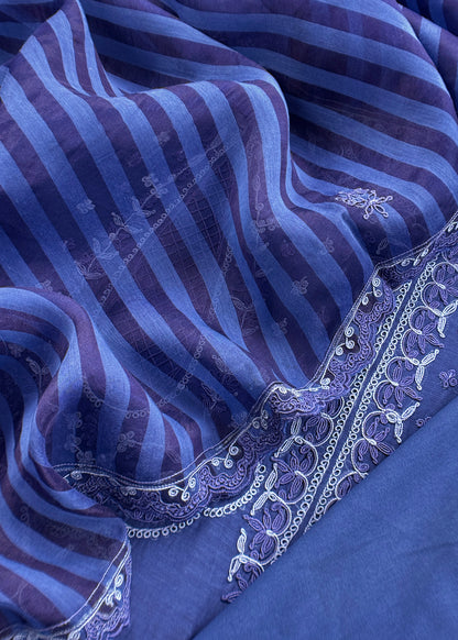 Blue Pure Mul Unstitched Suit With French Thread Embroidery