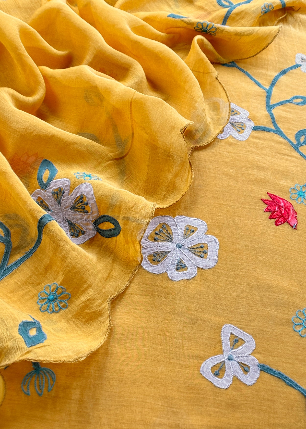 Yellow Pure Mulmul Suit Fabric With Appliqué Work