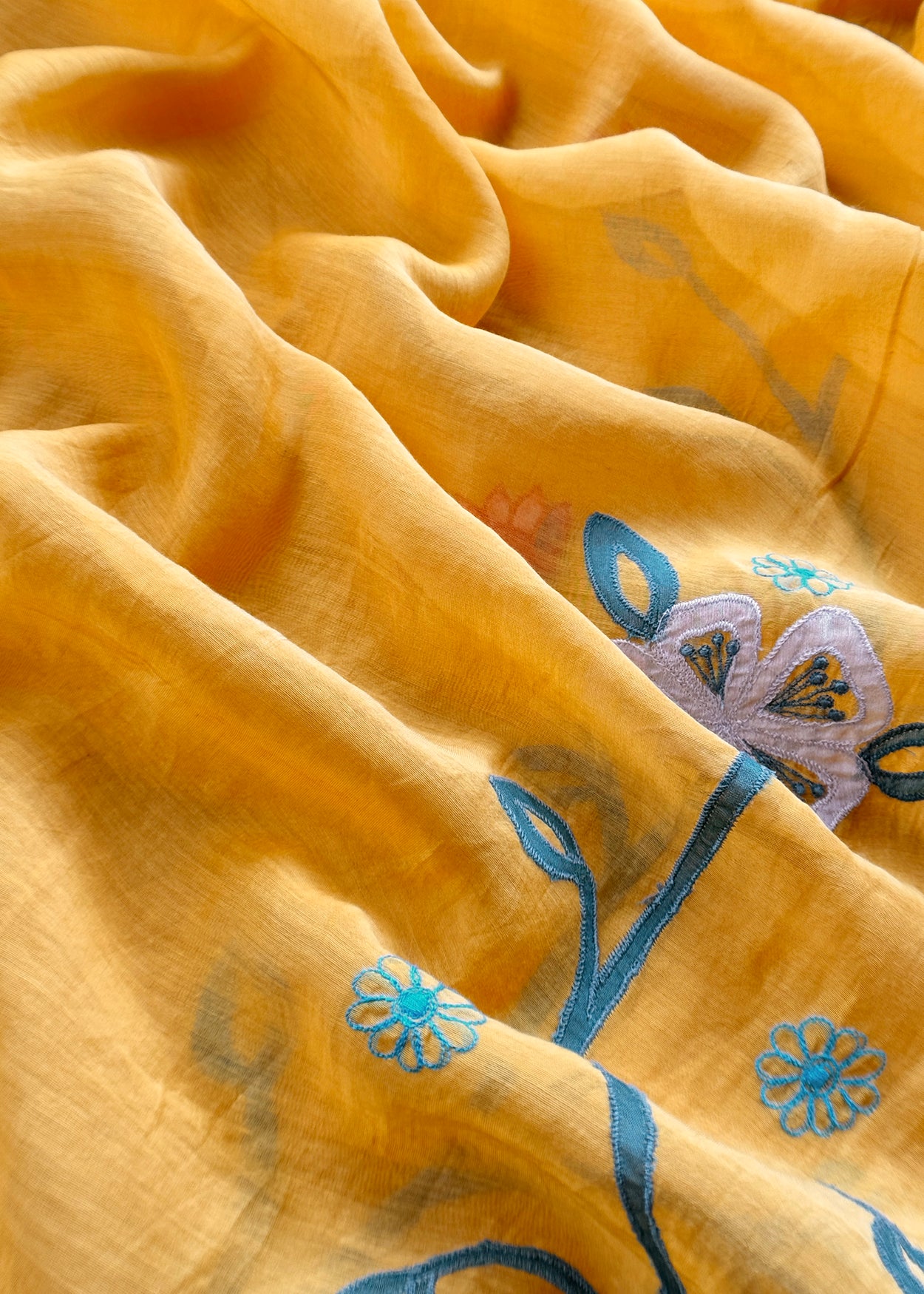 Yellow Pure Mulmul Suit Fabric With Appliqué Work