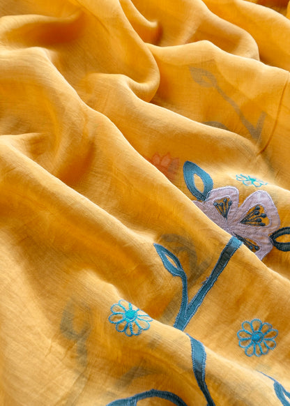 Yellow Pure Mulmul Suit Fabric With Appliqué Work