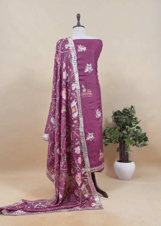 Classic Wine Munga Tussar Kurta And Pichwai Dupatta With Pitta Work