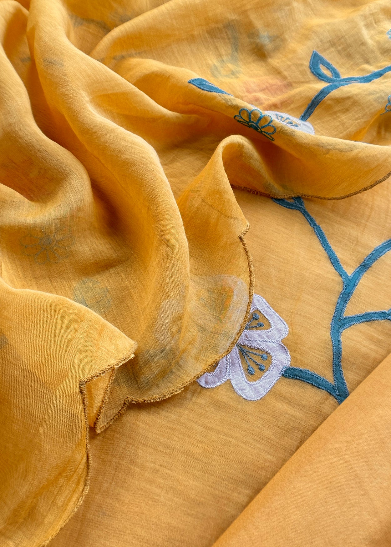Yellow Pure Mulmul Suit Fabric With Appliqué Work