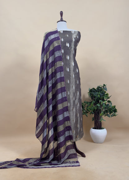 Gold And Jamun Pure Tissue Silk Woven Suit Fabric With Cutdana Handwork