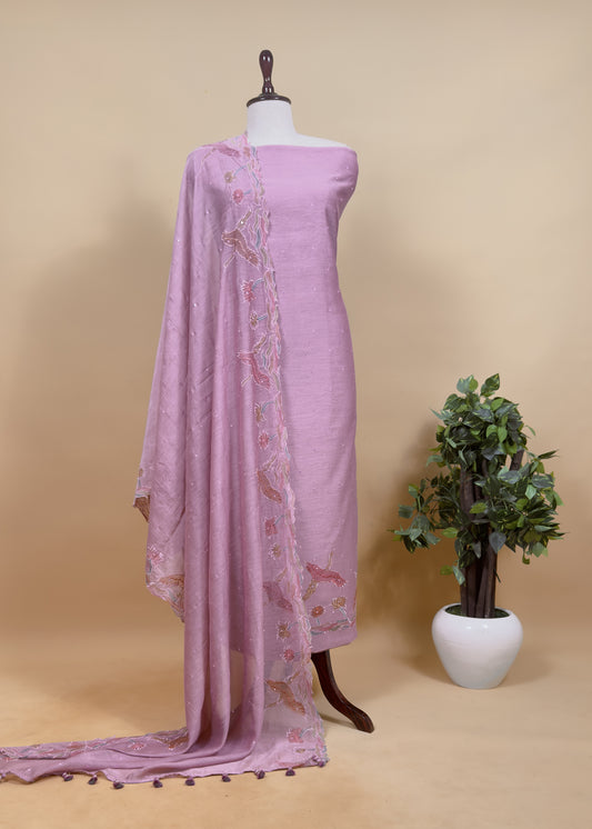 Lavender Pink Pure Mul Chanderi Unstitched Suit With Hand Brushed Embroidery