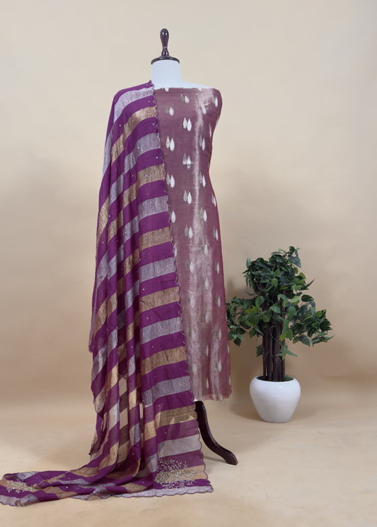 Gold And Wine Pure Tissue Silk Woven Suit Fabric With Cutdana Handwork