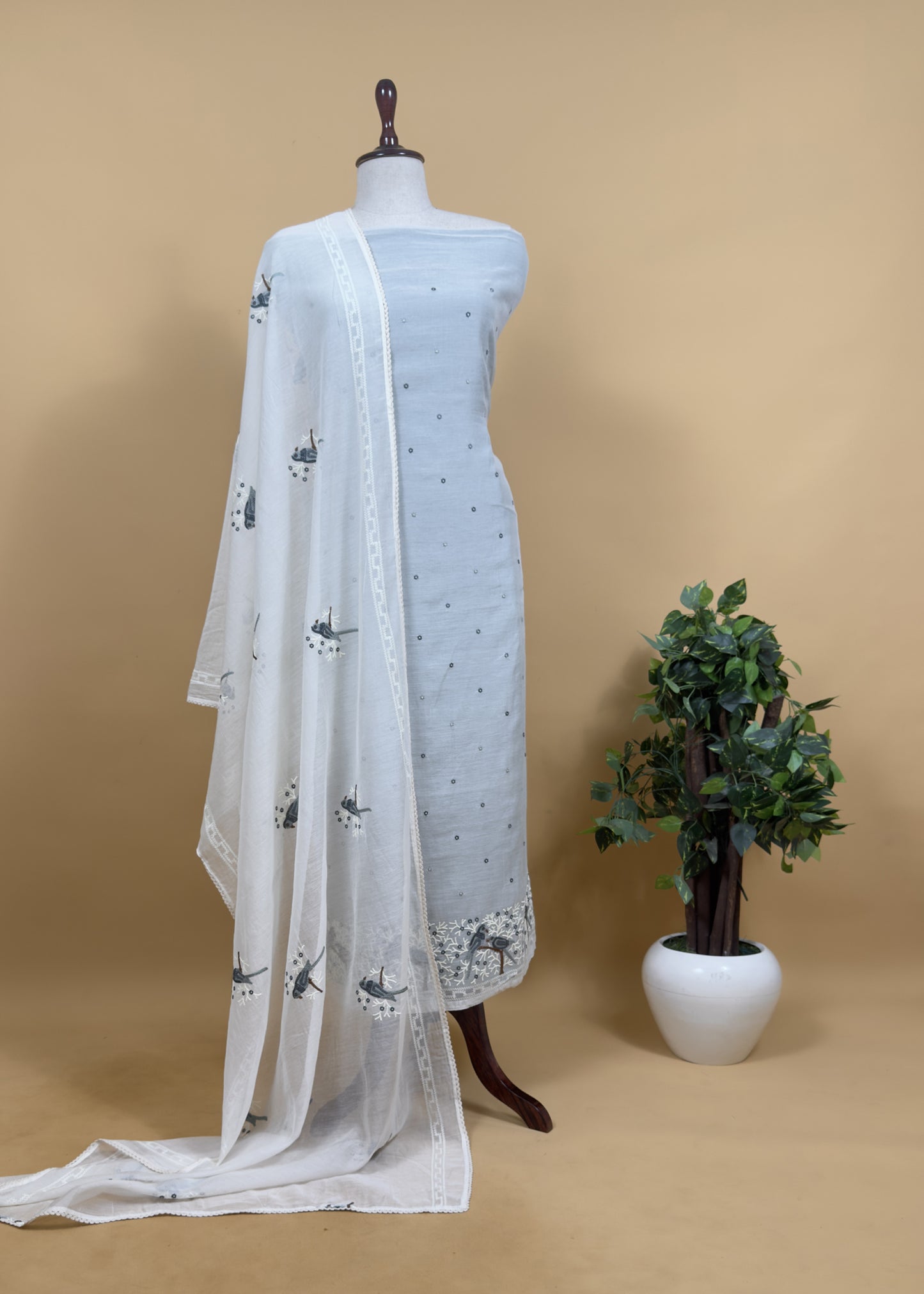 Light Grey Pure Mul Chanderi Suit With Chidiya French Thread Embroidery