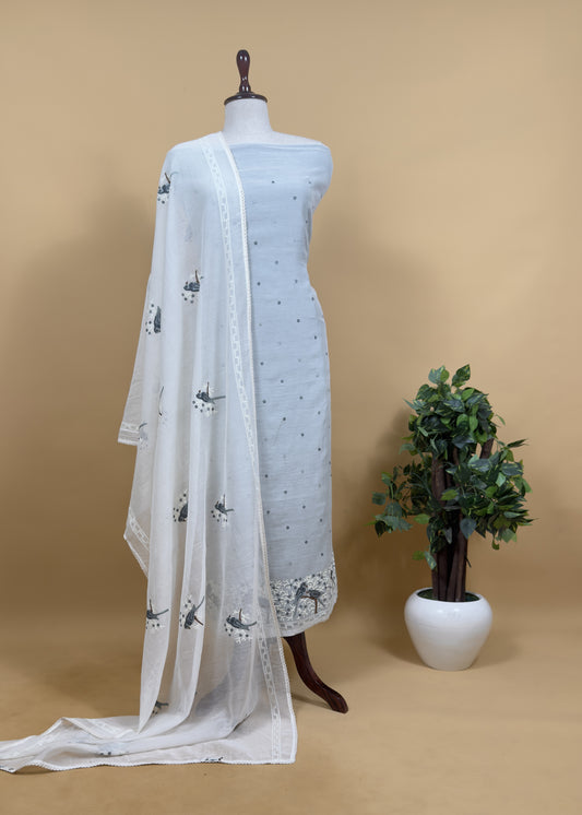 Light Grey Pure Mul Chanderi Suit With Chidiya French Thread Embroidery