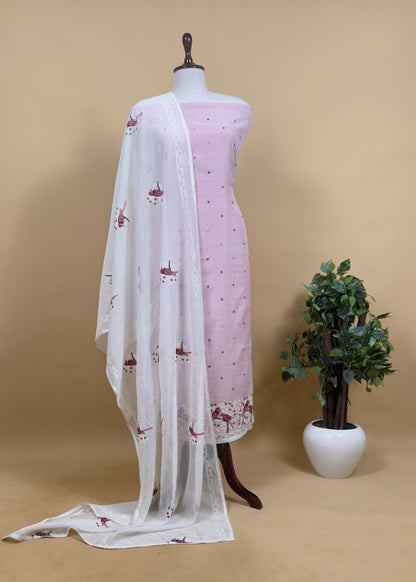 Light Grey Pure Mul Chanderi Suit With Chidiya French Thread Embroidery