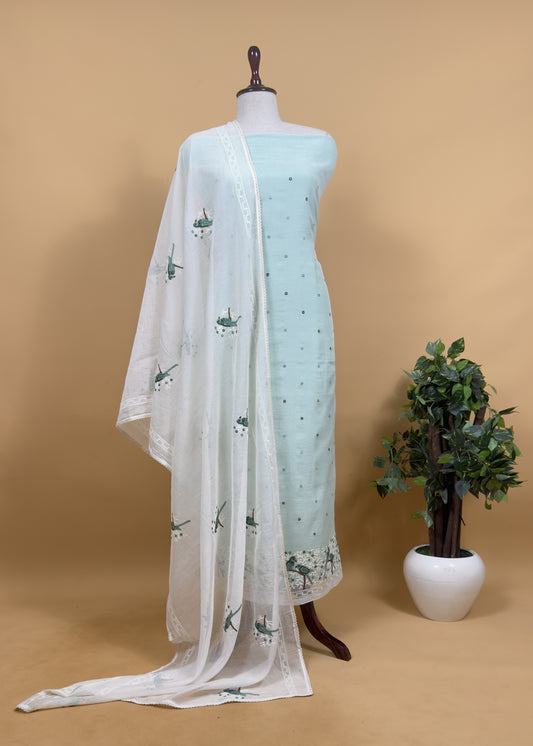 Sea Green Pure Mul Chanderi Suit With Chidiya French Thread Embroidery