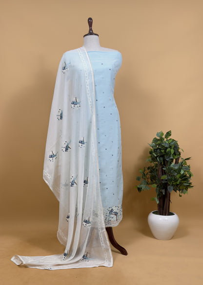 Light Grey Pure Mul Chanderi Suit With Chidiya French Thread Embroidery