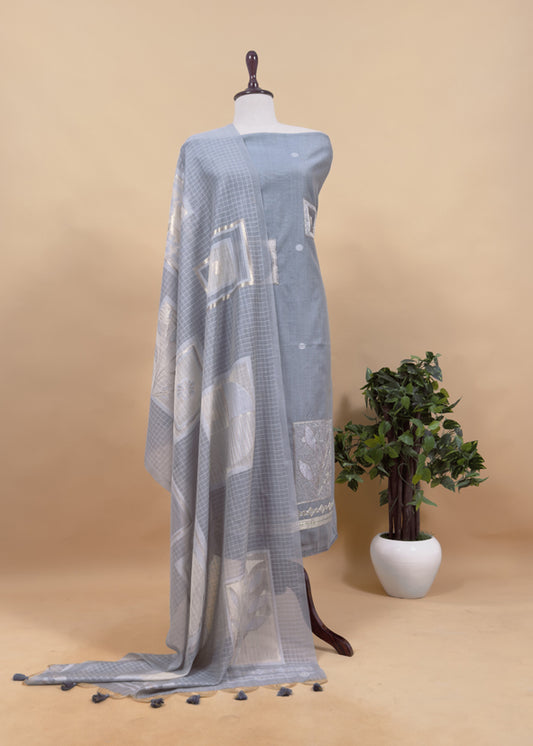 Soft Blue Linen Chanderi Kurta With Appliqué Work And Dupatta With Jamdani Weaving