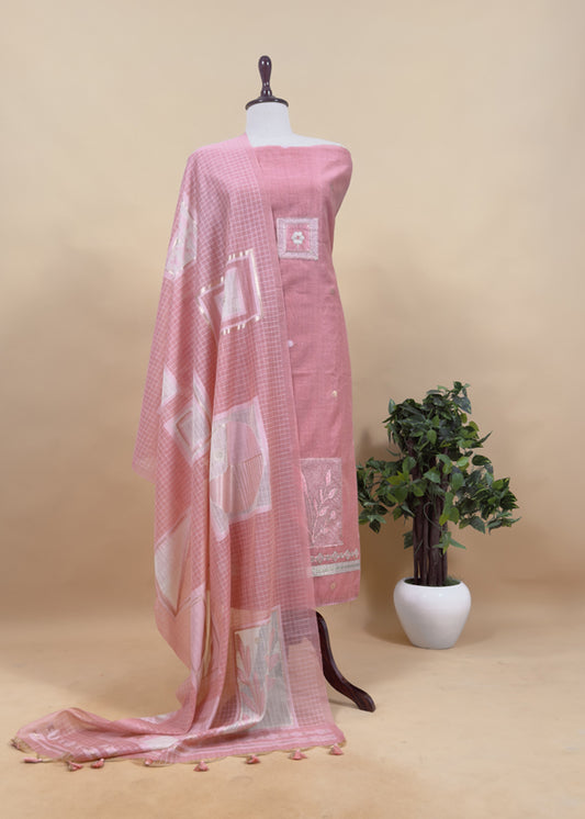Pastel Pink Chanderi Kurta With Appliqué Work And Dupatta With Jamdani Weaving
