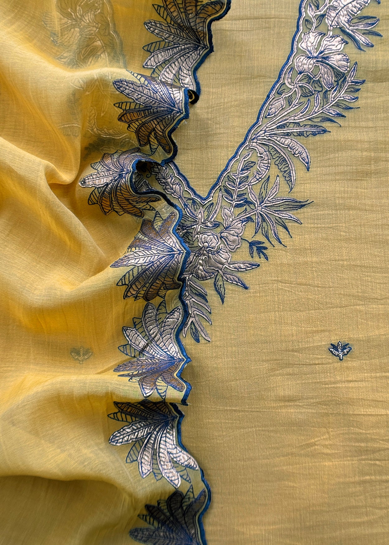 Yellow Handloom Mulmul Unstitched Suit Fabric With Hand Gota Work