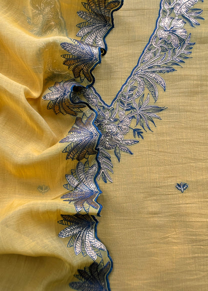 Yellow Handloom Mulmul Unstitched Suit Fabric With Hand Gota Work