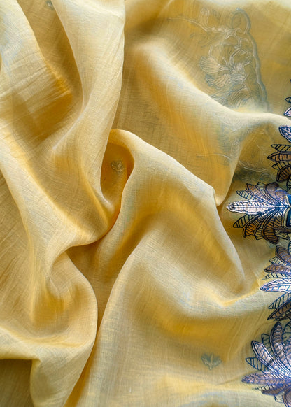 Yellow Handloom Mulmul Unstitched Suit Fabric With Hand Gota Work