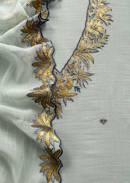 Light Blue Handloom Mulmul Unstitched Suit Fabric With Hand Gota Work