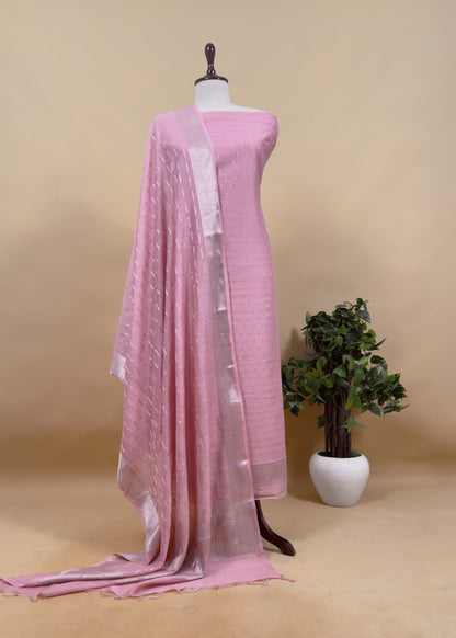 Apple Green and Deep Pink Contrast Banarasi Handloom Silk Suit fabric