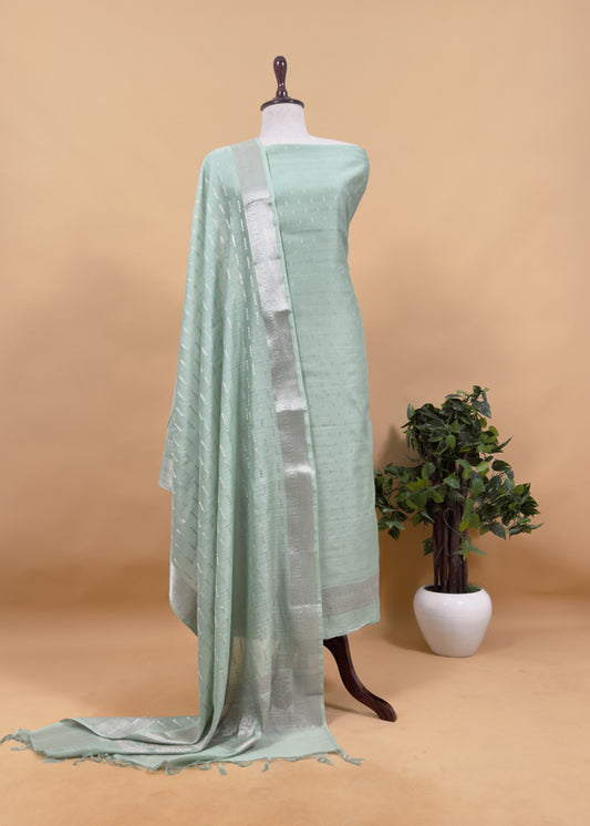 Apple Green and Deep Pink Contrast Banarasi Handloom Silk Suit fabric