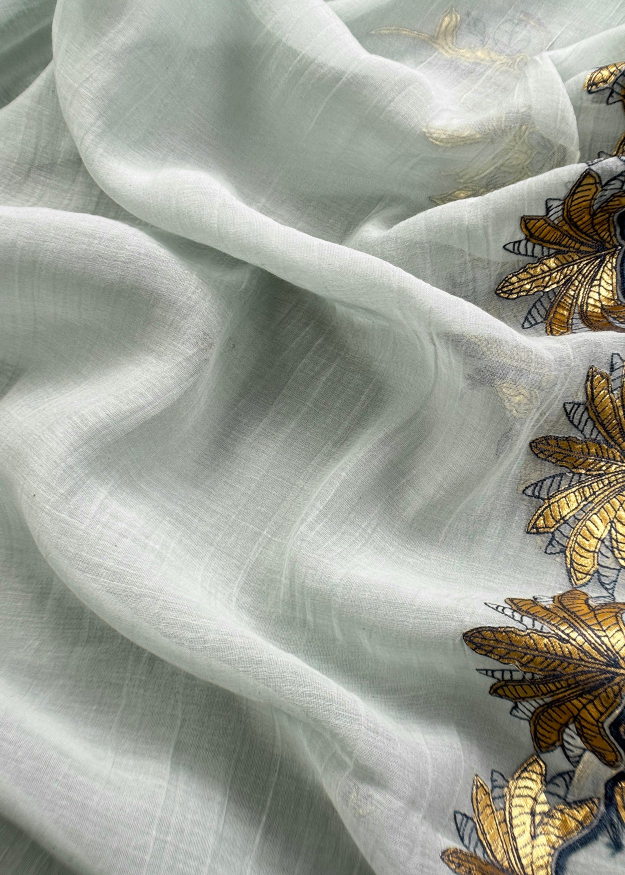 Light Blue Handloom Mulmul Unstitched Suit Fabric With Hand Gota Work