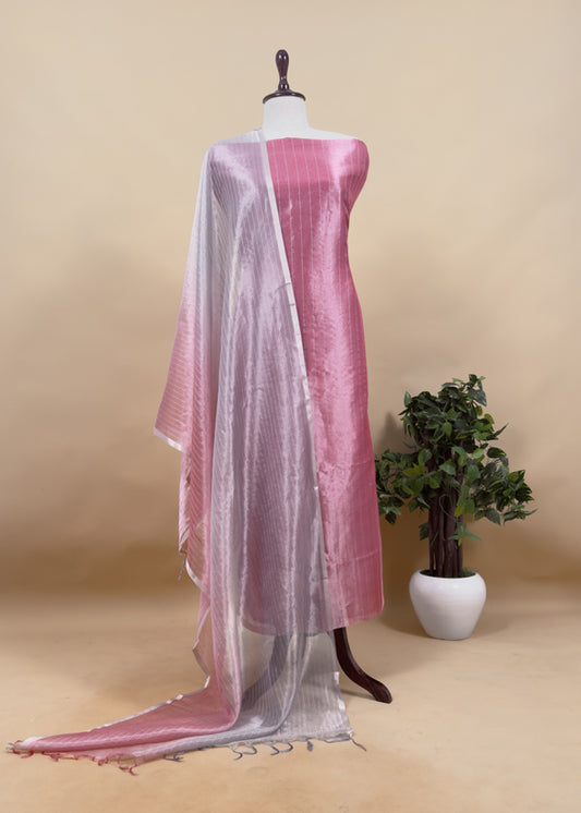 Raspberry Pink And Grey Handloom Tissue Silk Suit With Silver Zari Weaves