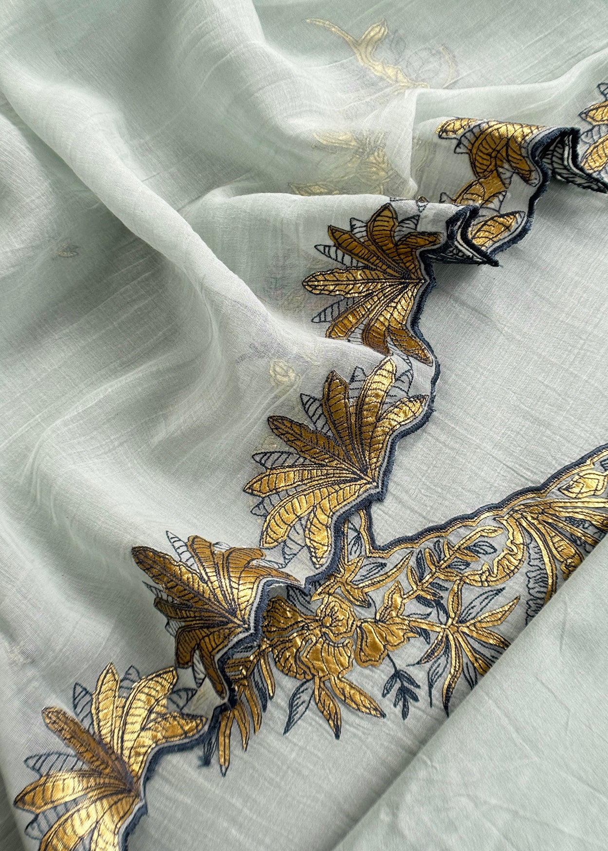 Light Blue Handloom Mulmul Unstitched Suit Fabric With Hand Gota Work