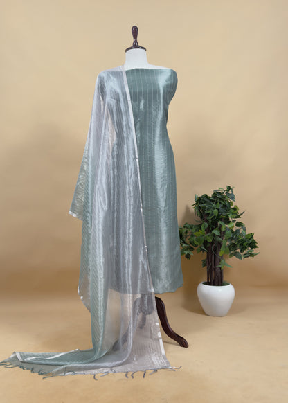 Raspberry Gray Handloom Tissue Silk Suit With Silver Zari Weaves