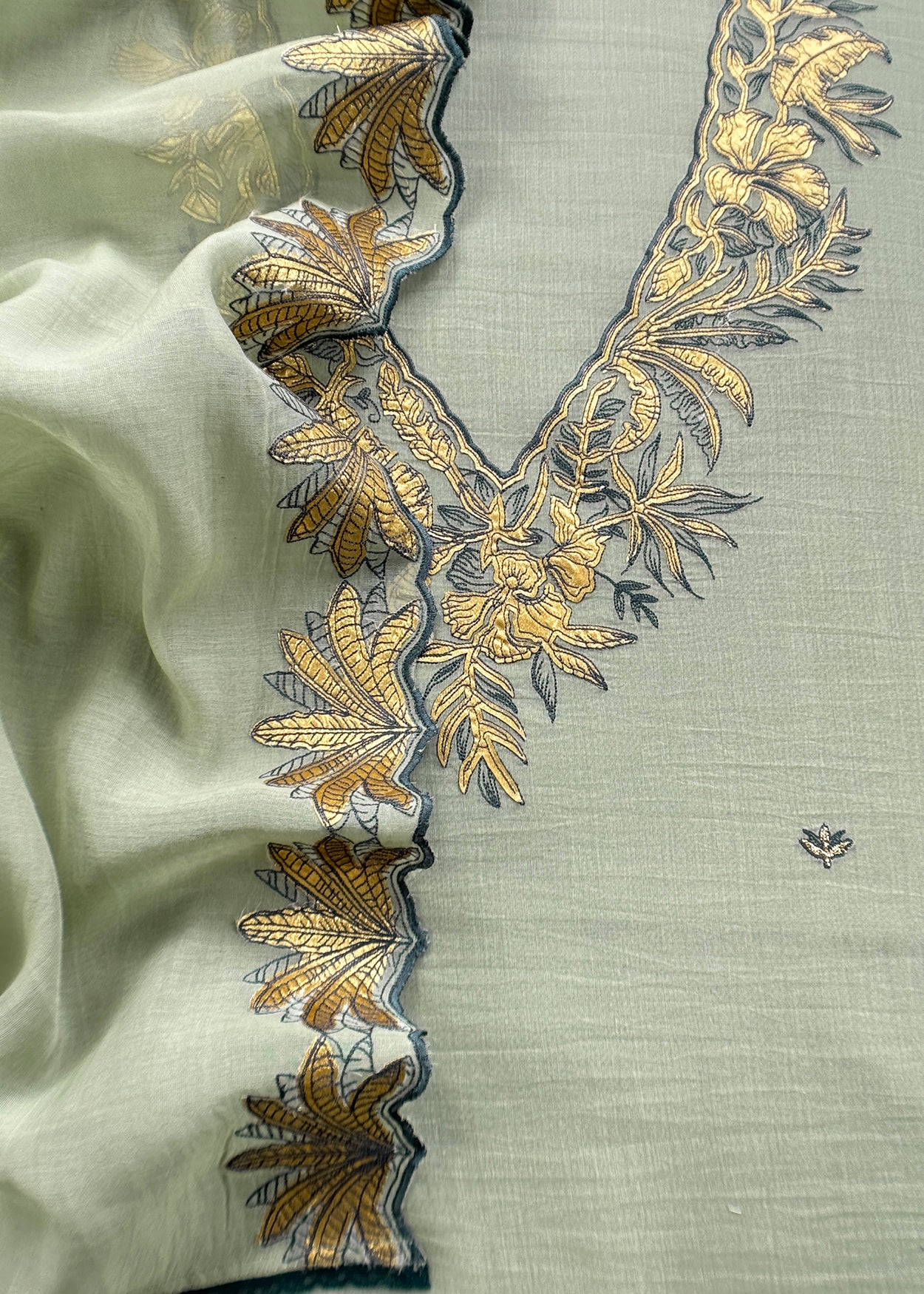 Sage Green Handloom Mulmul Unstitched Suit Fabric With Hand Gota Work