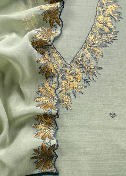 Sage Green Handloom Mulmul Unstitched Suit Fabric With Hand Gota Work