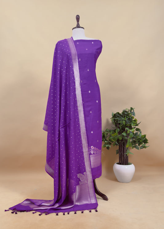 French Violet Kadhwa Weaves Banarasi Silk Suit Fabric