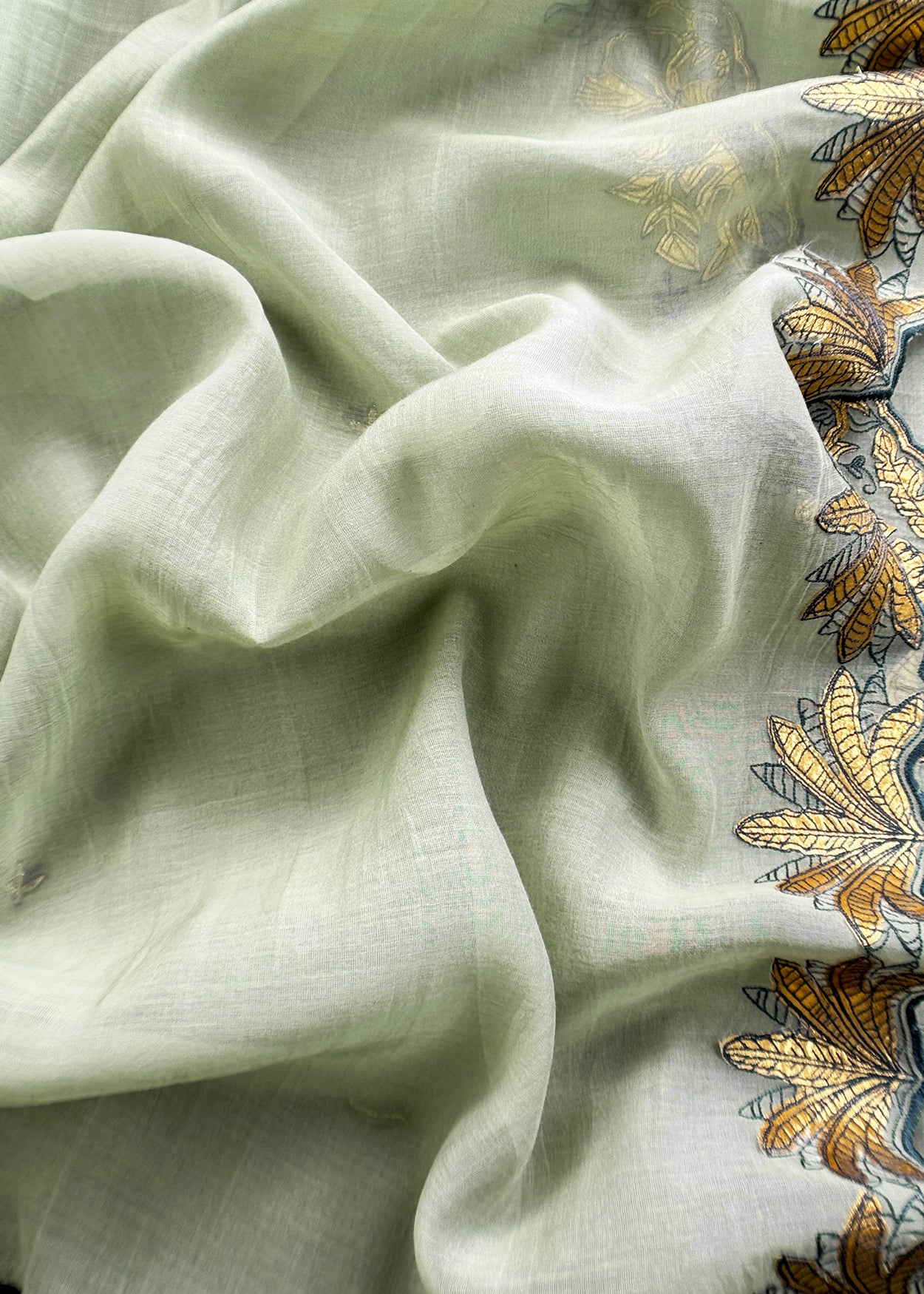 Sage Green Handloom Mulmul Unstitched Suit Fabric With Hand Gota Work