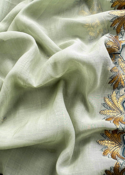 Sage Green Handloom Mulmul Unstitched Suit Fabric With Hand Gota Work