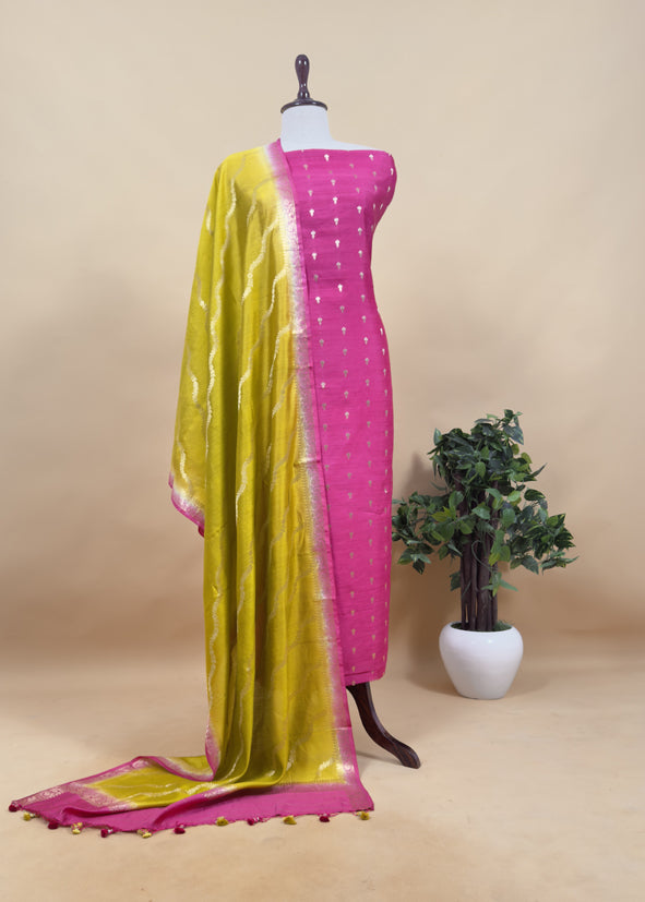 Apple Green And Deep Pink Contrast Banarasi Handloom Silk Suit Fabric