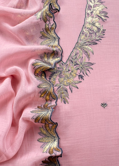 Pink Handloom Mulmul Unstitched Suit Fabric With Hand Gota Work