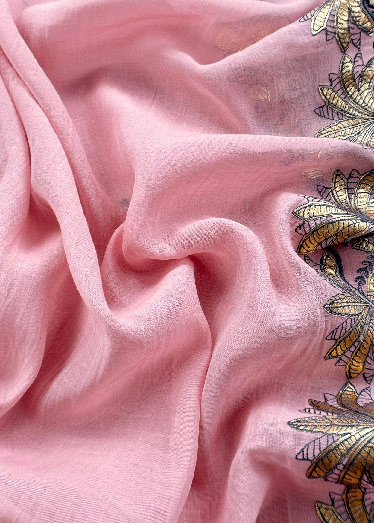 Pink Handloom Mulmul Unstitched Suit Fabric With Hand Gota Work