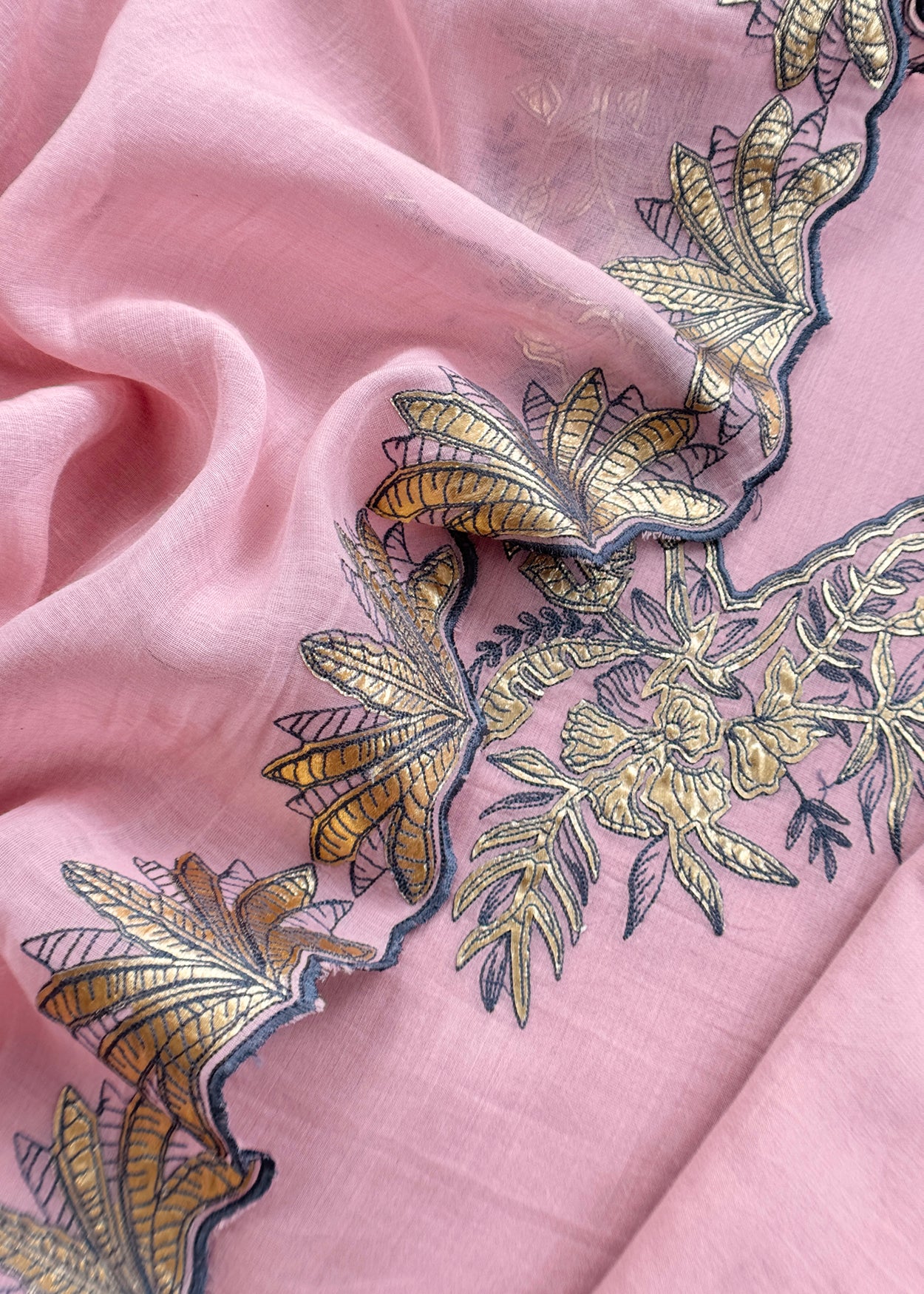 Pink Handloom Mulmul Unstitched Suit Fabric With Hand Gota Work