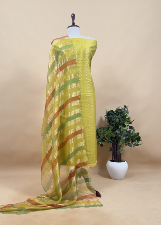 Blingy Apple Green Handloom Silk Kurta With Tissue Silk Double Panel Zari Dupatta