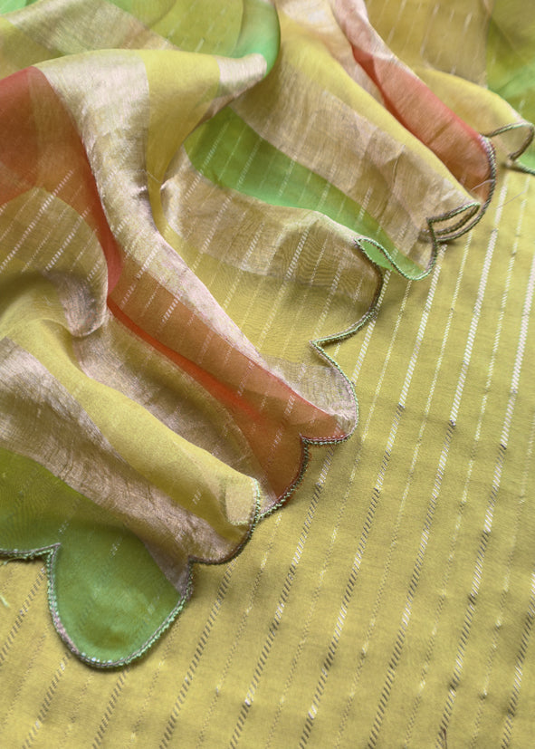 Blingy Apple Green Handloom Silk Kurta With Tissue Silk Double Panel Zari Dupatta