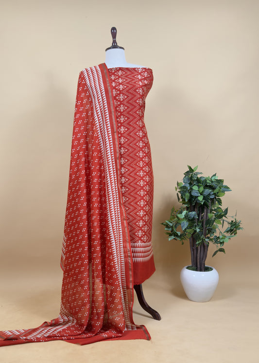 Orange Ikat Print Unstitched Suit In Pure Maheshwari Silk