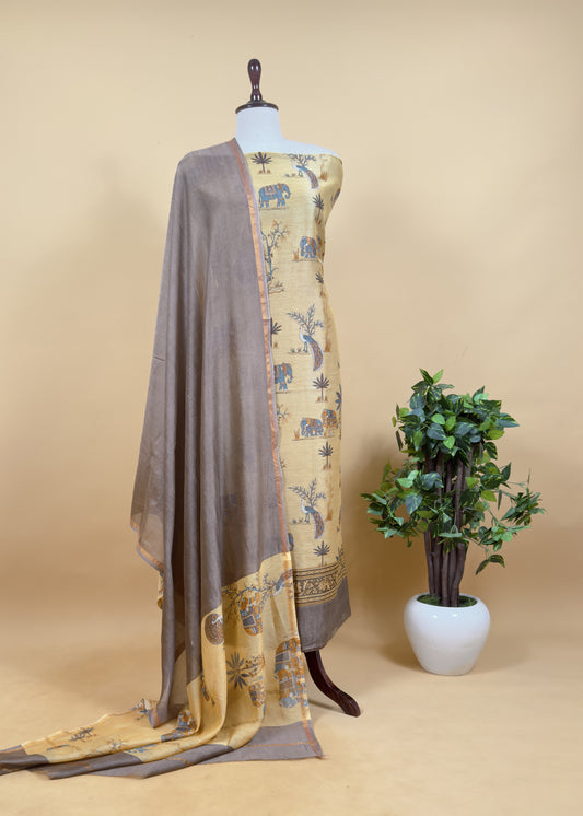 Yellow And Brown Shikagarh Maheshwari Silk Suit