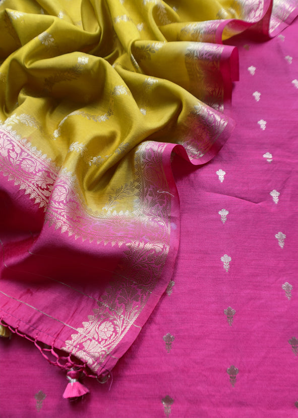 Apple Green And Deep Pink Contrast Banarasi Handloom Silk Suit Fabric