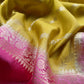 Apple Green And Deep Pink Contrast Banarasi Handloom Silk Suit Fabric