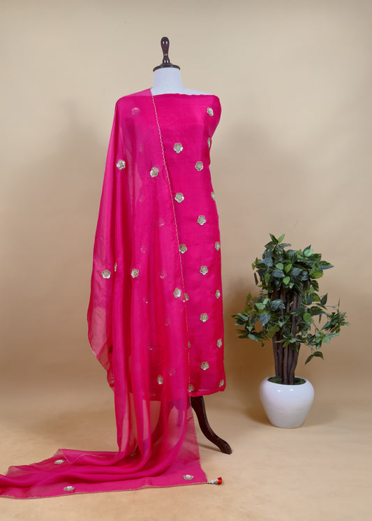 Hot Pink Pure Silk Organza Suit Set With Handcrafted Gold Sequin Work