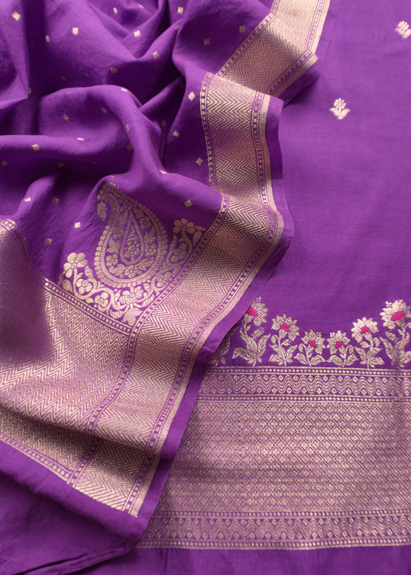 French Violet Kadhwa Weaves Banarasi Silk Suit Fabric
