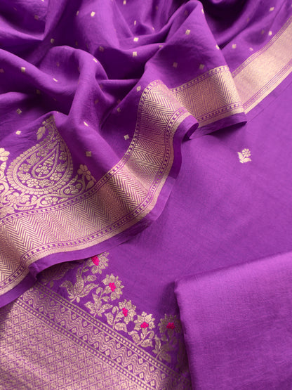 French Violet Kadhwa Weaves Banarasi Silk Suit Fabric